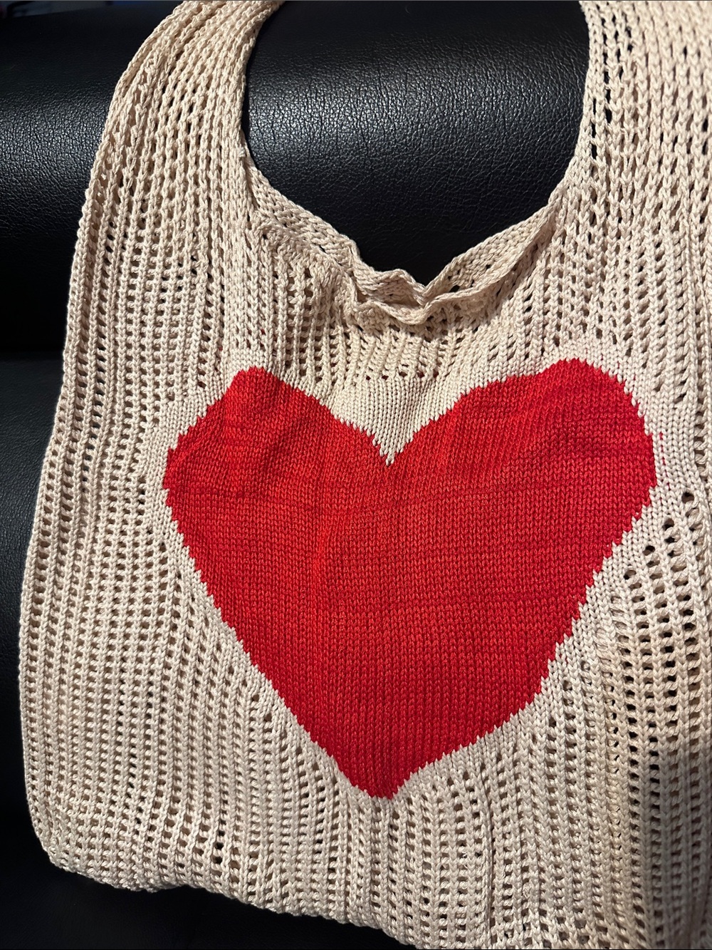 Beige Knit Tote Bag with Red Heart